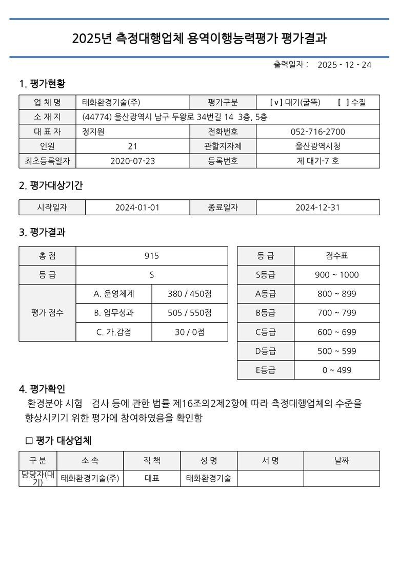 용역이행평가 S등급 확인서